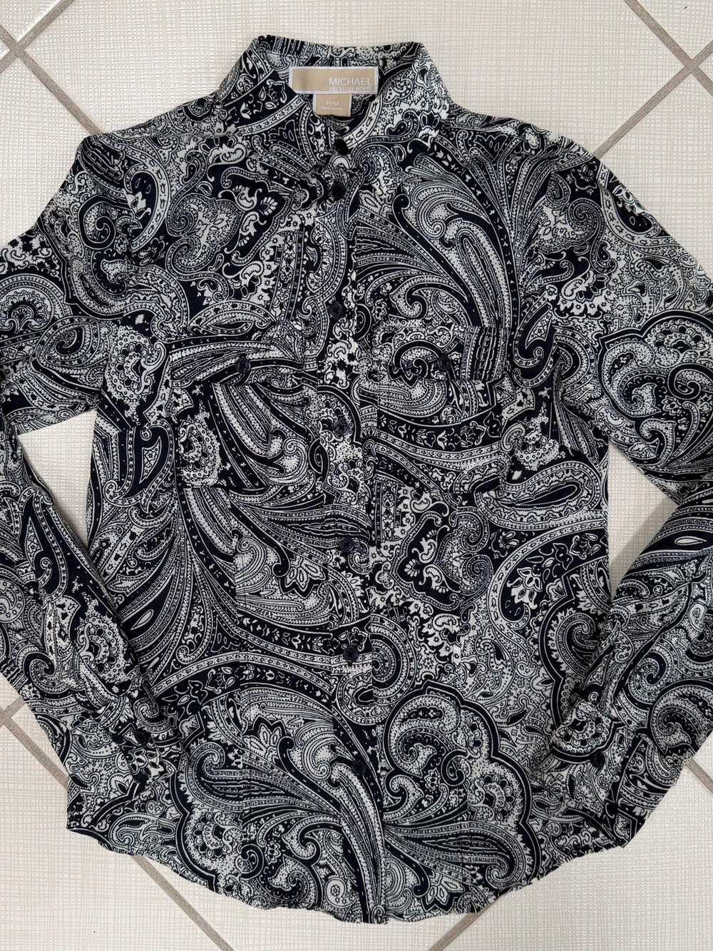 Michael Kors Women’s Navy and White Paisley Button-Down Shirt